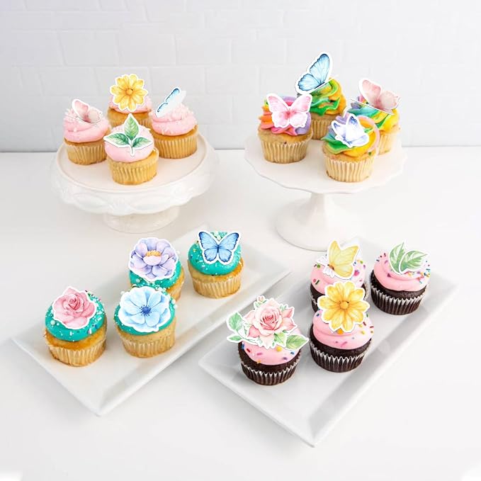 65 PCS Edible Flowers Cupcake Toppers Wafer Paper Daisy Green Leaves Rose Flower Cupcake Picks Edible Flowers Cake Decorations for Baby Shower Wedding Birthday Party Cake Decorations Supplies