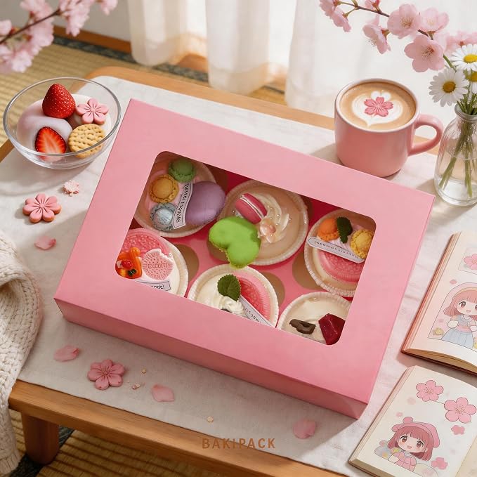 25 Pink Cupcake Boxes, Cupcake Boxes 6 Count with Window and Inserts, Mother's Day Cupcake Holders for Cupcakes, Muffins, Cookies