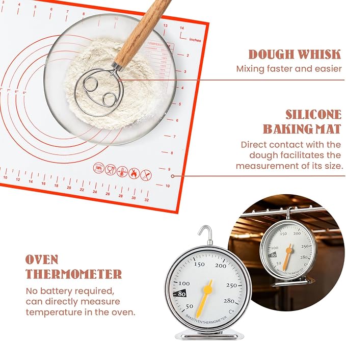 Sourdough Starter Kit 16 PCS, 11" & 9" Cotton Bread Proofing Basket Kit, 24oz Sourdough Starter Jar, Banneton Bread Proofing Baskets Set Include Oven Thermometer, Baking Supplies and Making Tools Set
