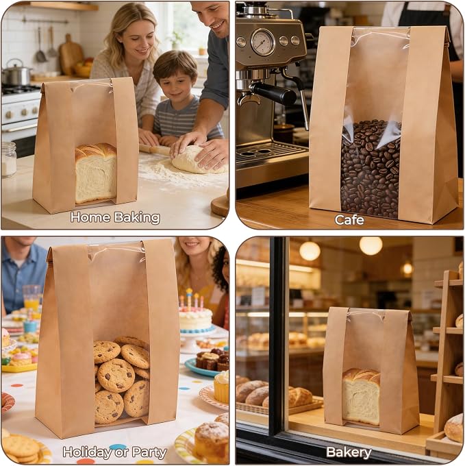 Twdrer 50 Pack Large Kraft Paper Bread Loaf Bag with Clear Front Window,Tin Tie Tab Lock Brown Bakery Coffee Cookie Treat Packaging Bags with 60 PCS Label Seal stickers(14" x 8.3" x 3.5")