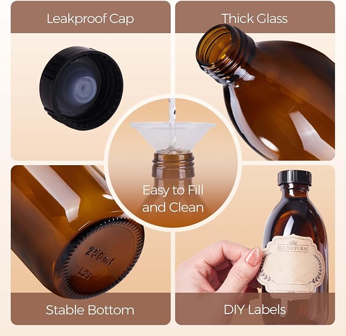 12 Pack, 8 OZ Amber Glass Bottles with Caps Leakproof Refilllable Empty Brown Boston Sample Dispensing Bottles for Homemade Vanilla Extract, Essential Oils, Potion, Juice, Ginger Shots, Liquids
