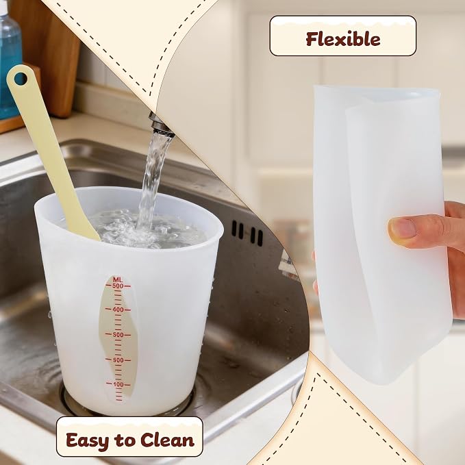 Food-Grade Silicone Measuring Cups with 3Pcs BPA Free Measuring Cups (1/2Cup/1Cup/2Cup) and 3Pcs Reusable Jar Spatulas, Non-Stick Chocolate Melting Cup for Home Baking
