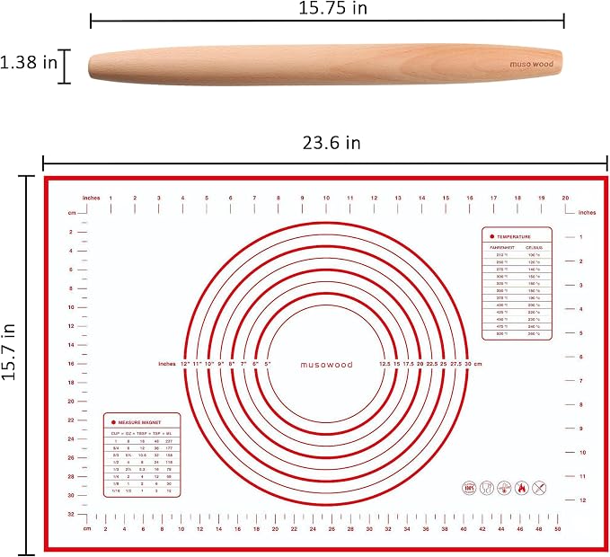Muso Wood French Rolling Pin and Silicone Baking Mat Set, 15.75 Inch Beech Wood Tapered Rolling Pin for Fondant Pie Crust Cookie Pastry