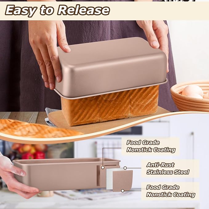 LIANYU Loaf Pans for Bread Baking, 9×5 Inch Stainless Steel Loaf Bread Tins, Non-Stick Baking Pans for Homemade Banana Sandwich Sourdough, Healthy & Sturdy, Set of 6, Rose Gold