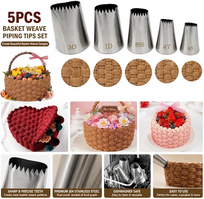 5 Pcs Basketweave Piping Tips Set, 3D, 1D, 895, 48, 47, Stainless Steel Cake Decorating Tips, Frosting Icing Nozzles for Cupcakes, Cakes, Cookies