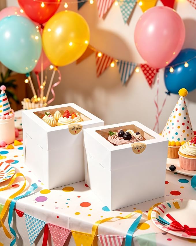 COTOPHER 30Pcs 8x8x8 Inches Cake Boxes, Square Bakery Boxes with Window, Cajas Pasteles for Valentine's Day, Mother's Day,Wedding, Birthday, Party Cake Decorating Supplies for Gift Giving