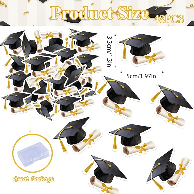 48pcs Edible Graduation Cap Cupcake Toppers Wafer Paper Gold Grad Cap Diploma Cake Decorations Edible Grad Cap Cupcake Picks for 2026 Graduation Theme Party Cake Decor Supplies