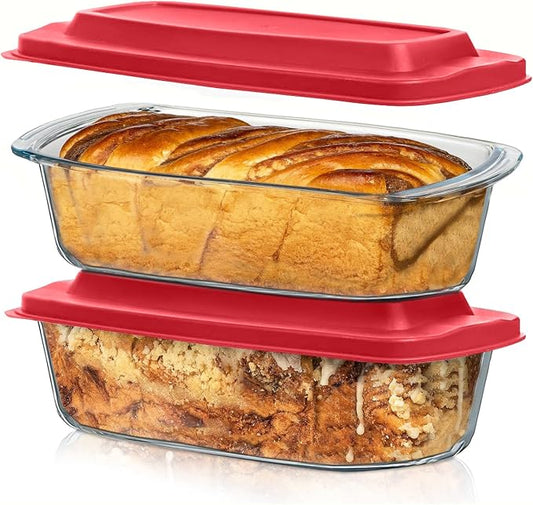 Razab LARGE 7.6 Cups/1800 ML/1.9 Qt Glass Loaf Pan with Lids (Set of 2) - Meatloaf Pan BPA free Airtight Lids Grip Handle Easy Carry, Microwave and Oven Safe - Loaf Pans For Baking Bread, Cakes