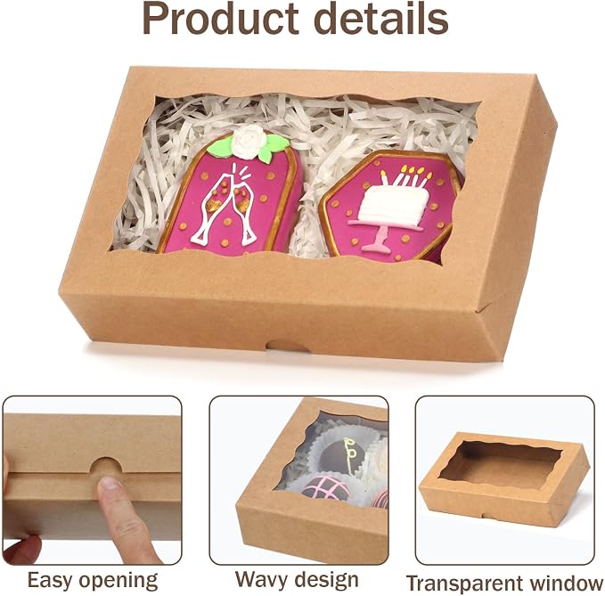 RomanticBaking 15 Pack Brown 7 x 4 3/8 x 1 1/2inches Cookies Boxes with Window Bakery Treat Boxes for Macaron Chocolate Truffle cakesicle dount