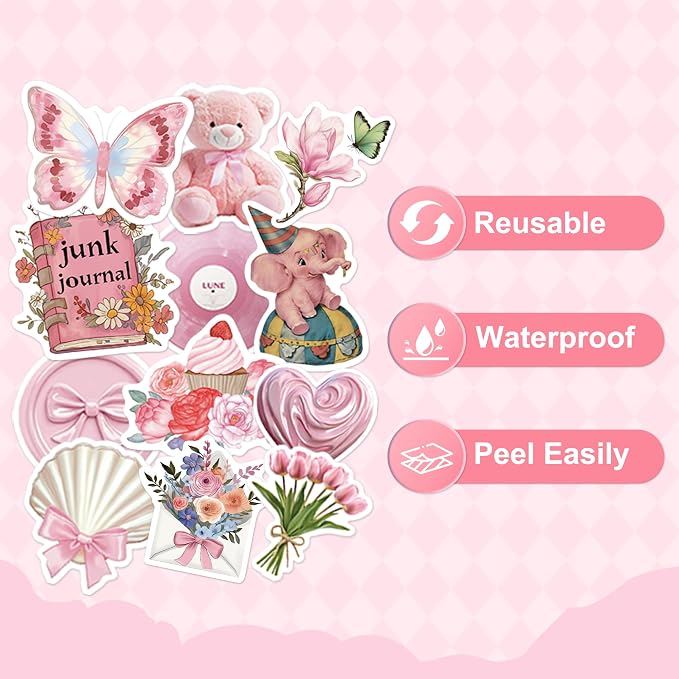 100 Pcs Pink Coquette Stickers for Scrapbooking, Waterproof Vinyl Vintage Stickers for Scrapbook Laptops Water Bottles Journals, Cute Aesthetic Decorative Decals for Girls Teens Students