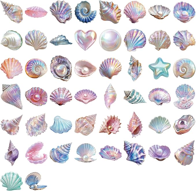 Seashell Stickers Pack, 50PCS PET Transparent Iridescent Conch Shell & Starfish Vinyl Decals, Waterproof Glittering Aesthetic Stickers for Scrapbooking, Water Bottle, Laptop, Phone Case Decor