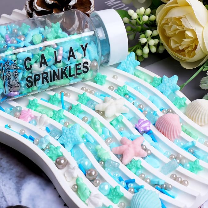 Ocean Sprinkles for Cake Decorating, Shell, Seahorse, Starfish, Fish & Pearl Sugar Mix for Cupcakes Cookies and Ice Cream Toppings