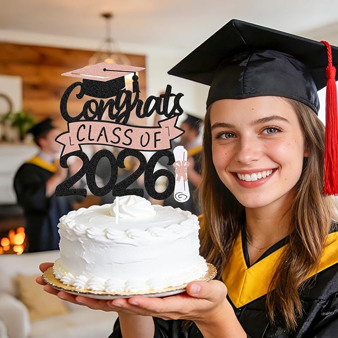 Congrats Class of 2026 Cake Topper Congrats Grad Cap Diploma Theme for High School Happy Graduation Party Supplies College Graduate Decoration (Rose Gold)