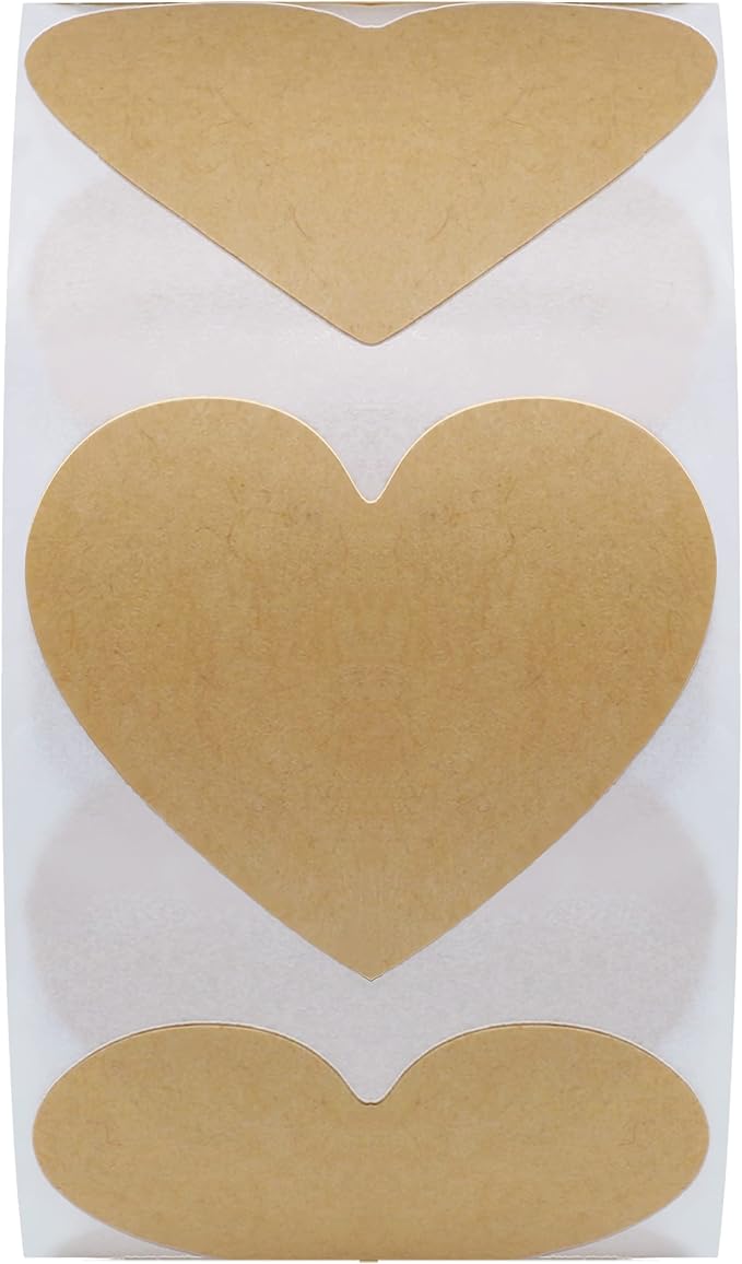 Hybsk Kraft Love Heart Stickers 1.5 Inch Adhesive Labels 500 Per Roll (Kraft)