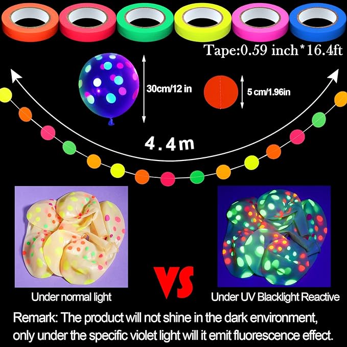 Skylety 32 Pcs Glow in The Dark Party Supplies Neon Party Favors with 25 Fluorescent Balloon 6 Rolls 98.4 ft UV Blacklight Luminous Tape 14.4 ft Neon Streamer Garland for Adults(Clear Big Dot)