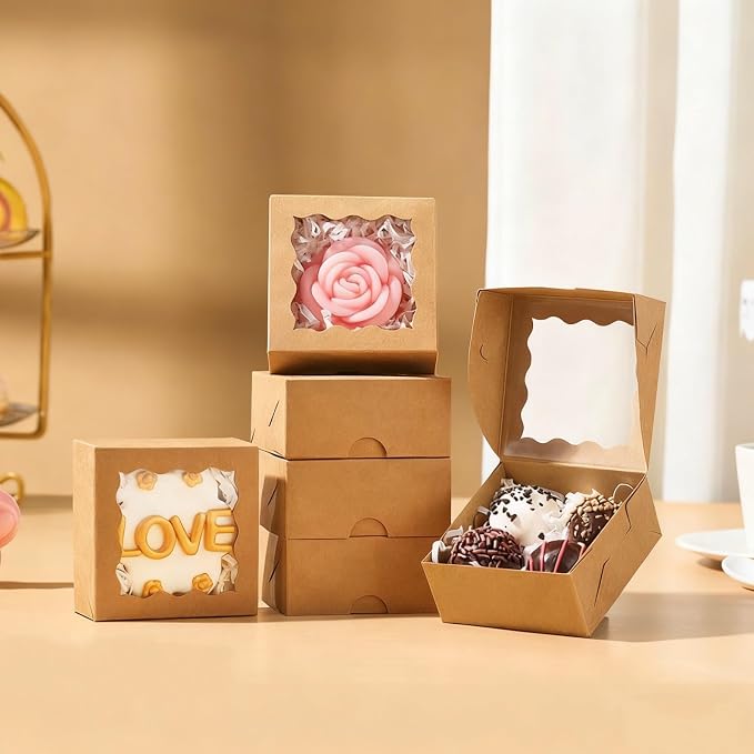 SLShePack 3x3x1.5Inches 50PCS Small Gift Kraft Boxes with Window for Cookie,Chocolate truffle,Chocolate Covered Strawberries Homemade Soap Boxes