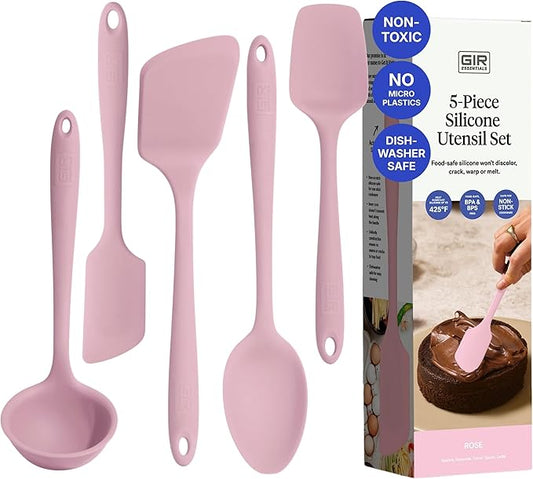 GIR 5-Piece Silicone Kitchen Utensils Set, Non-Toxic Cooking Utensils for Cooking and Baking, Heat Resistant, Food Grade, Dishwasher Safe Rubber Spatula, Ladle, Spoon - Rose