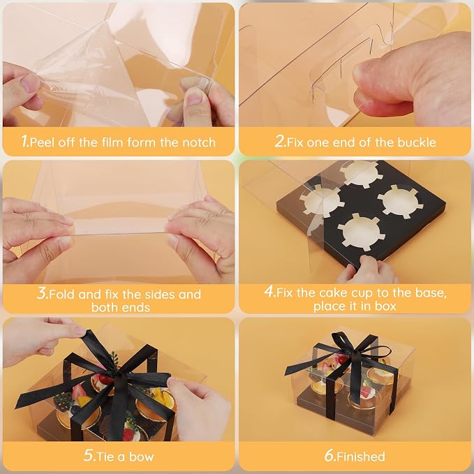 EUSOAR Cupcake Boxes 4 Count, 18 Pack Black Clear Muffins Gift Holders 4 Count with Gift Ribbon, Rectangle Bakery Mini Cake Containers Disposable Cake Carriers for Wedding Party Favor Supplies
