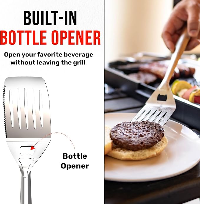 Grillbot BBQ Grill Spatula for Outdoor Grill, Heavy-Duty Multi-Function Stainless Steel Griddle with Serrated Cutting Edge & Bottle Opener, Long Handle BBQ Spatula, Dishwasher Safe