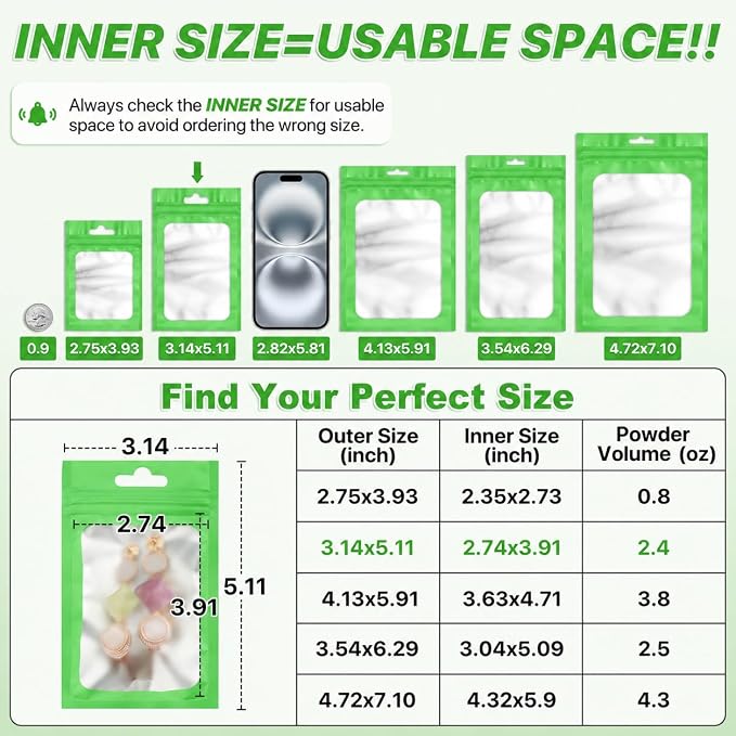 ANZNKU 100 Pack Lime Green Resealable Mylar Bags with Frosted Clear Window 3.14x5.11", Smell Proof Sealable Packaging Bags for Small Business, Foil Pouch Zip Goodie Bag for Candy Treat Jewelry