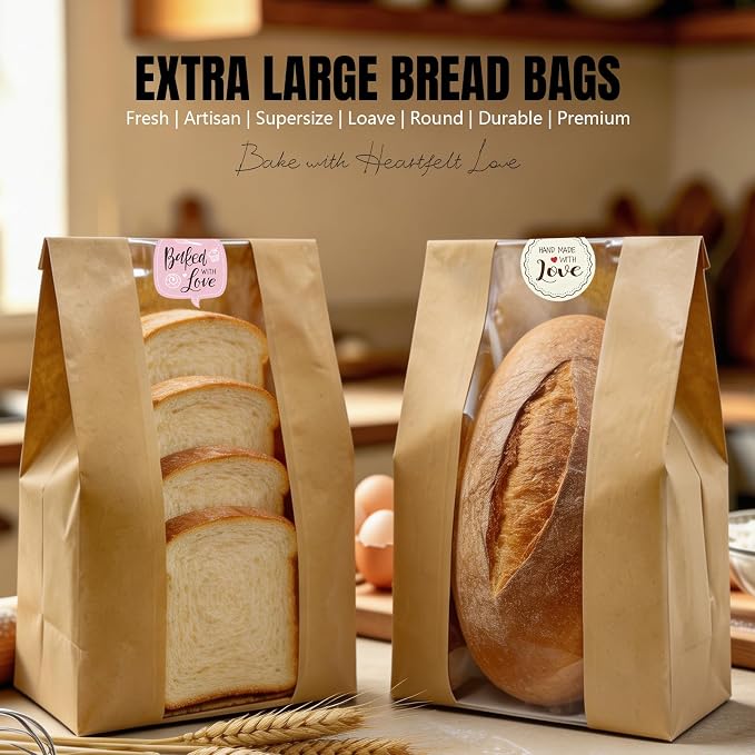 Extra Large Paper Bread Bags for Homemade Bread with Window & Sticker for XL Sourdough Breads, Round Loaf, Baked Goods, Oval Loaves, Brown Kraft - 20 Pcs 16x10x5 Inch