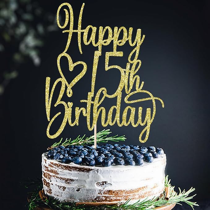 Gold Glitter Happy 15th Birthday Cake Topper - Cheers to 15 Years Cake Topper, 15 & Fabulous Cake Decoration for Hello 15th Birthday Anniversary Party Cake Decorations Supplies