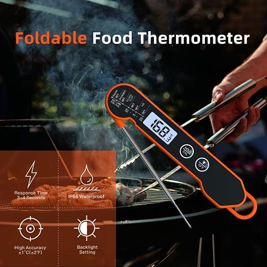 Instant Read Meat Digital Thermometer for Grilling and Cooking, Waterproof Thermometer with Backlight and Calibration, Fast Folding Probe BBQ Thermometer for Smoker, Oil, Candy, and Turkey (Orange)