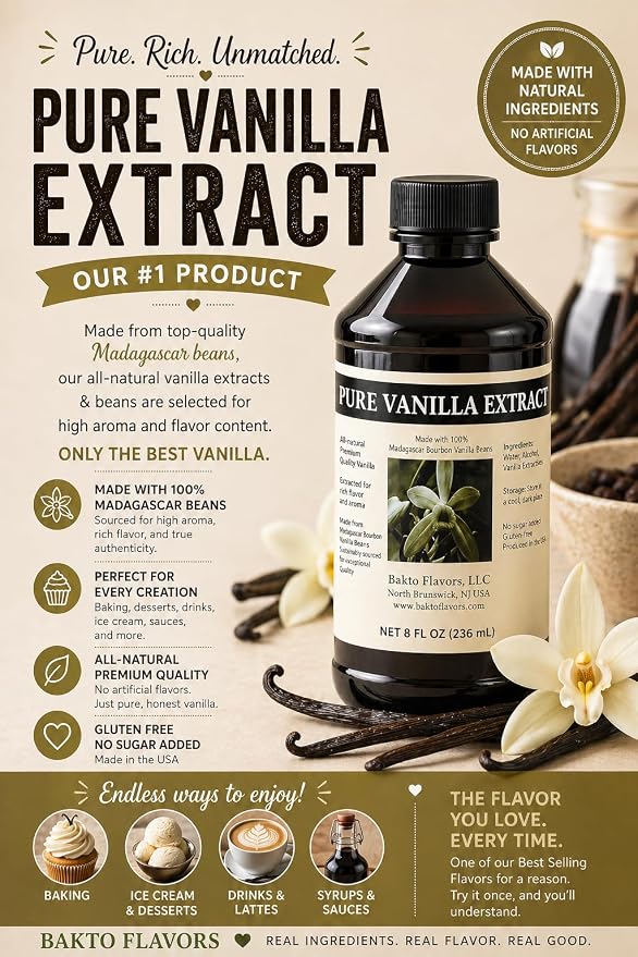 Bakto Flavors Pure Vanilla Extract - (Made from 100% Madagascar) - 8 OZ - Pack of 2