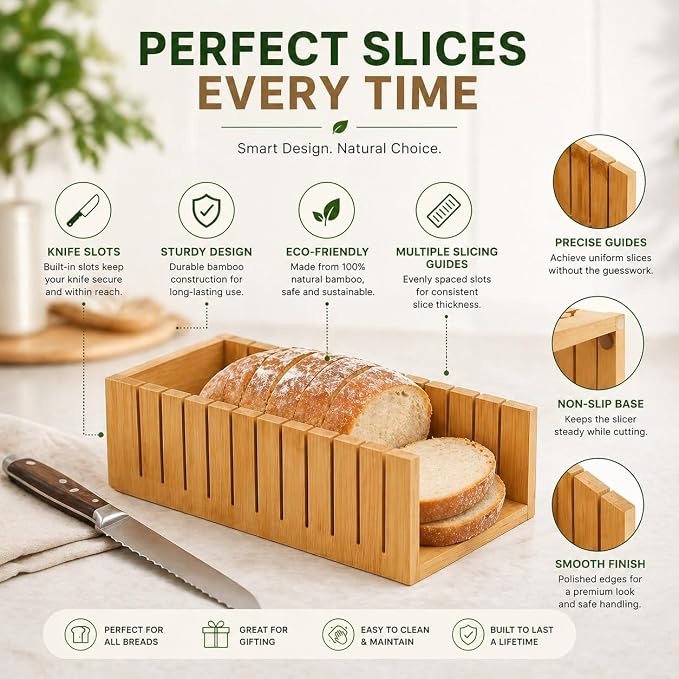 S V Wooden Bread Slicer Cutting Guide Box – Premium Bamboo Loaf Slicing Tool for Even and Uniform Slices, Durable and Easy to Use Bread Cutting Holder