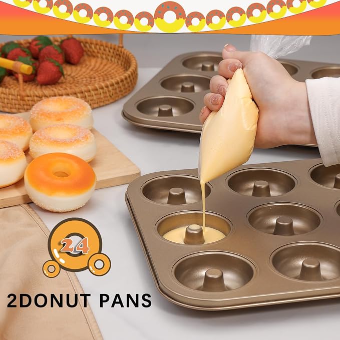 Non-Stick 12-Cavity Donut Pan for Baking, Doughnut Roasting Pan, 2-Count