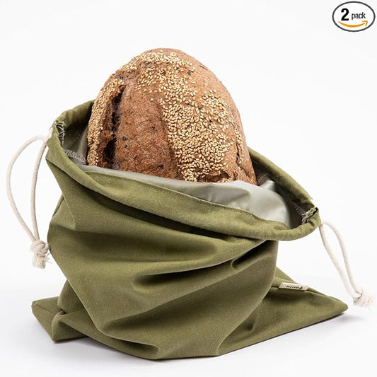 Sourdough Bread Bags for Homemade Bread, 2 Pack, Reusable Cotton Linen, Machine Washable, Freezer Safe - BPA-Free TPU Liner, Fits 2 Loaves Each, Beeswax Wrap Alternative, Drawstring Closure
