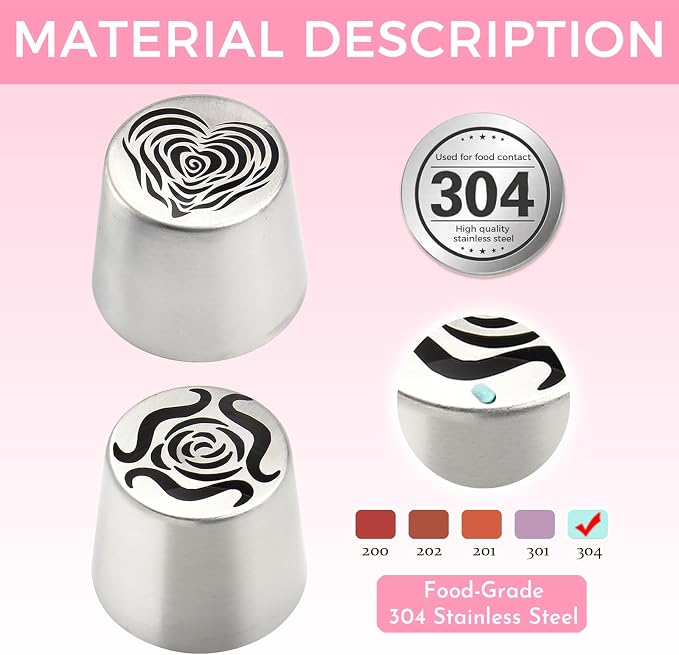 2 Extra Large Russian Piping Tip, 44mm Stainless Steel Rose Flower Nozzle for Cake Decorating, Frosting, Dishwasher Safe, Large Flower Icing Tips for Beginners & Pros (Rose and Heart)