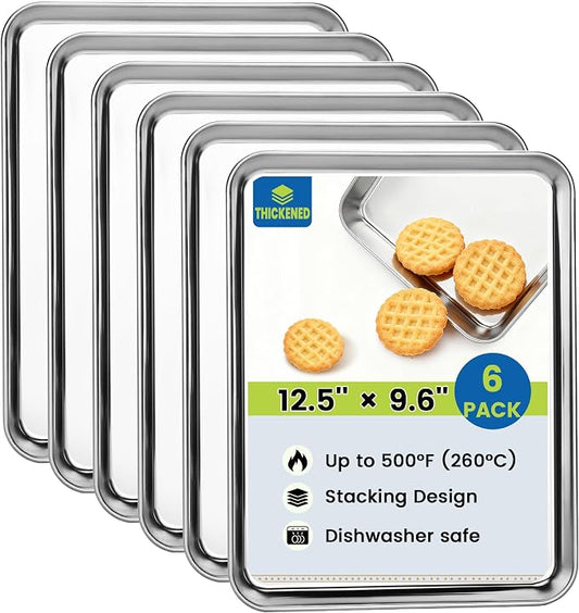BIEAMA 6 Pack Stainless Steel Toaster Oven Baking Sheets, 12.5 x 9.6 in | Stainless steel pans with no chemical coating, mirror-polished finish and rolled edges; dishwasher safe, oven safe to 500°F.