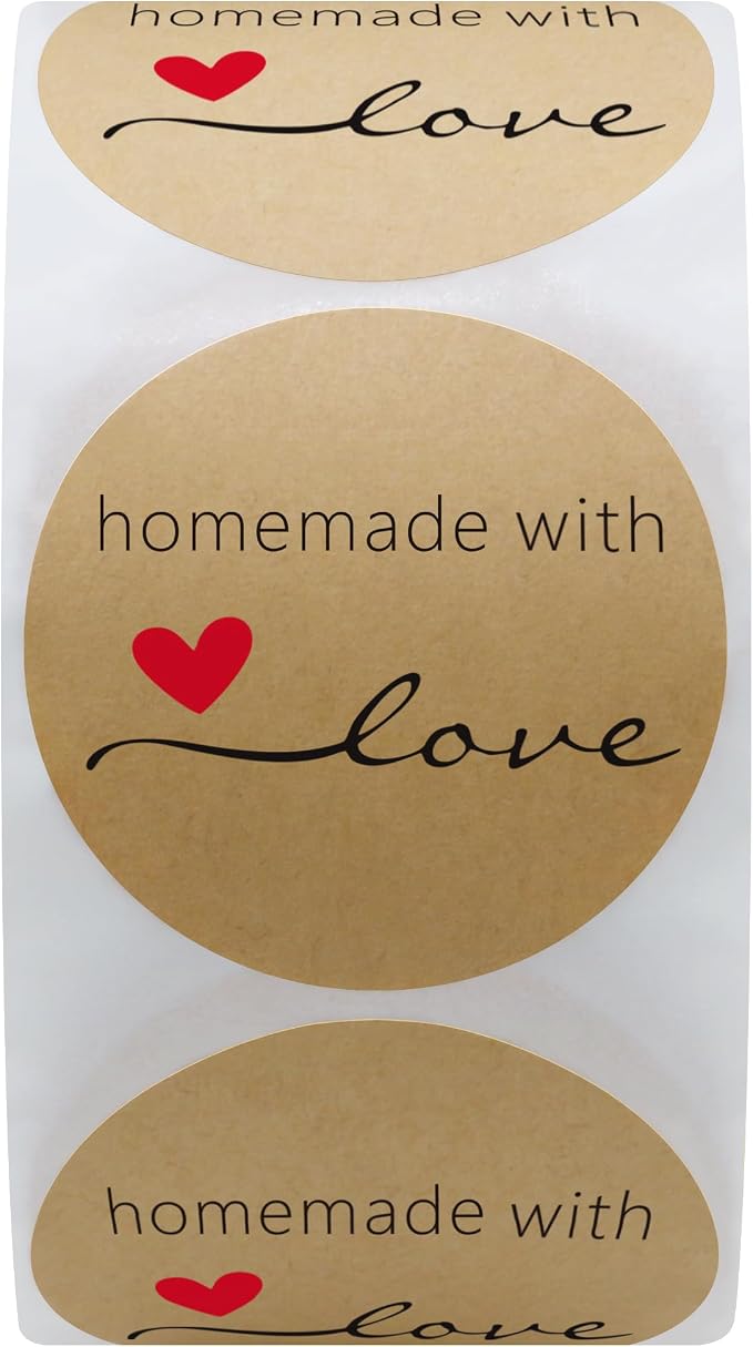 Hybsk Kraft Homemade with Love Stickers 1.5" Inch Round Total 500 Adhesive Labels Per Roll (Kraft)