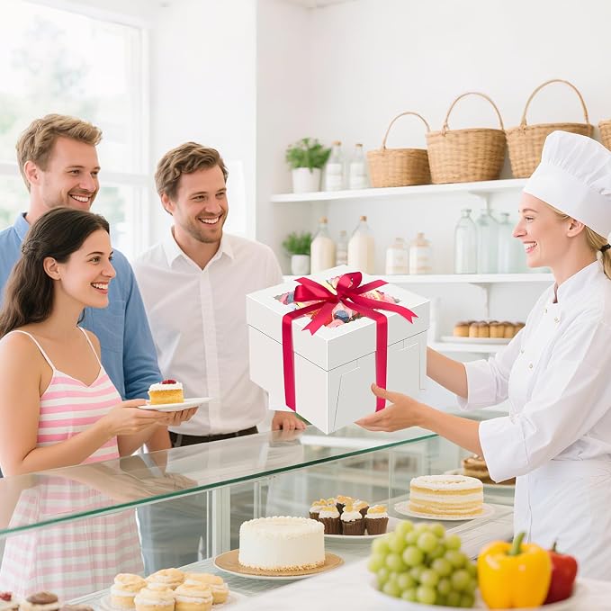 Sudaya 10x10x8 Cake Boxes with Boards, Cake Boxes 10 inch with Tall Cakes Boards Ribbon Stickers, 10in Disposable Carry Bakery Containers Cajas Para Pasteles for Pies Party Wedding Gift Giving