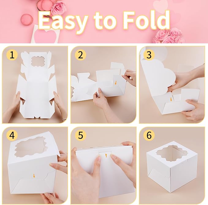 WINKIO 12 Pieces Cookie Boxes with Window, 6×6×5 Inches White Treat Boxes for Bakery Dessert Pastry Mini Cake Favor Donut Baked Goods (with Stickers)