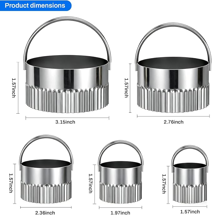 Biscuit Cutter Set for baking (5 Pieces/Set), Round Fluted Edge shape Cookies Cutter, Biscuit Cutter with Handle for Baking or Holiday Party Decorations
