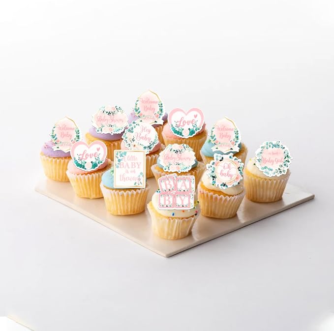 64 PCS Edible Baby Shower Cupcake Toppers Wafer Paper Floral Leaves Welcome Baby Girl Cupcake Picks Edible Love Baby in Bloom Cake Decorations for Gender Reveal Theme Girls Birthday Party Supplies
