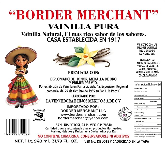 Border Merchant Vainilla Pura Mexicana Authentic Mexican Pure Vanilla Extract Glass Bottles 31oz 2Pk