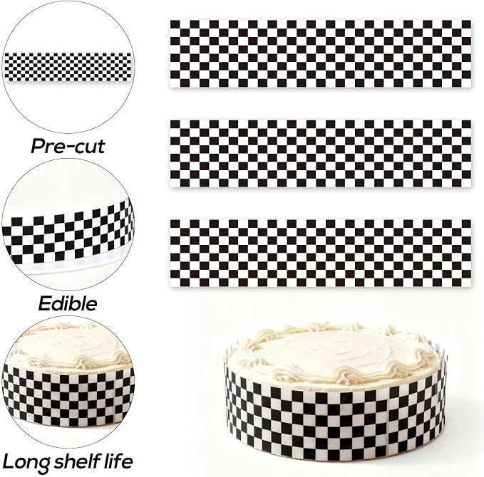 3pcs Edible Cake Borders, 28x6.2cm/11x2.44 Inch Black and White Checkered Birthday Cake Wrap Border Strips Pre-Cut Rice Image Paper Cakes Toppers Decorations for Racing Car Theme Birthday Party