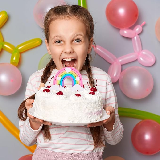 Rainbow Cake Topper, Cute Colorful Cloud and Heart Rainbow Cake Decoration Natural Sky Theme Party Decorations Soft Pottery Cake Decoration Supplies for Boys Girls Happy Birthday Party Wedding