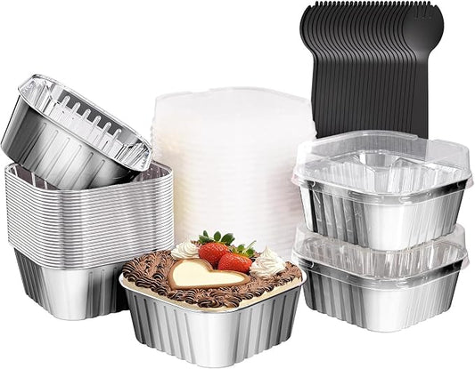 25 Pack Square Mini Cake Pans with Lids,Mini Loaf Pans with Lids,Aluminum Foil Baking Cups,Disposable Ramekins Cupcake Cups,Dessert Cups for Wedding Birthday Party Picnics,5oz (Silver)