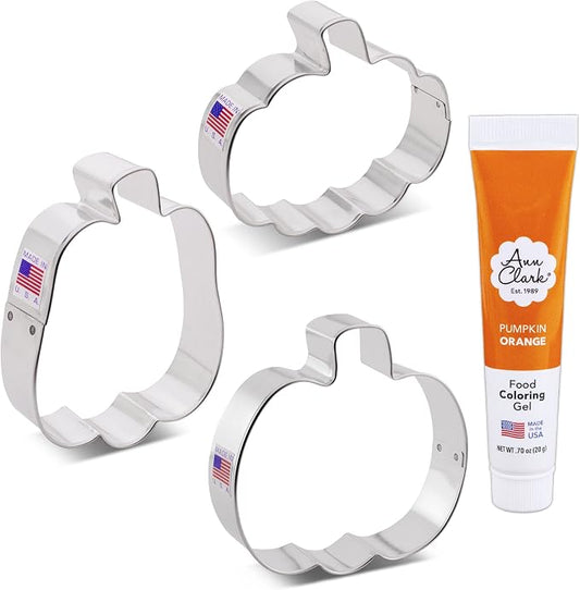 Ann Clark Cookie Cutters Pumpkin Patch 3 Piece Cookie Cutter Set with Pumpkin Orange Food Coloring Gel Made in USA