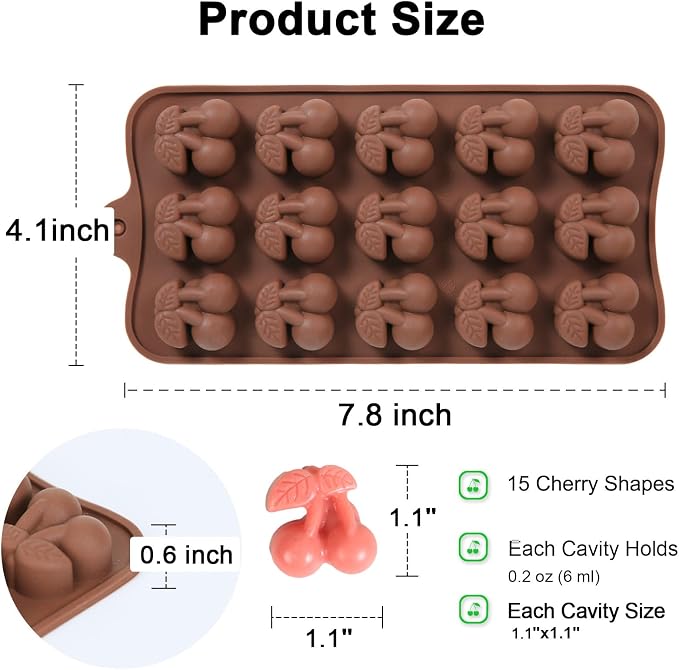 Mini Cherry Chocolate Molds, 2 Pcs Silicone Molds with Cherry Shape for Making Chocolate/Candy/Gummy/Jelly, Food Grade Candy Mold with 15 Cavities Mini Cherries for Fruit Snacks