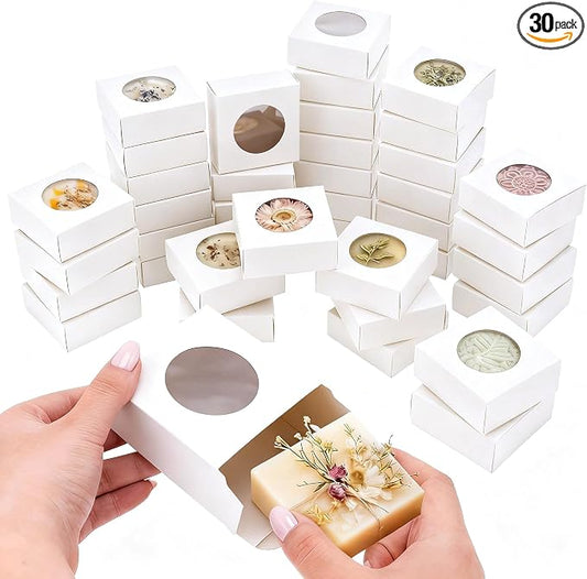 Chinco 30 Pcs Square Soap Boxes for Homemade Soaps Candle 3 x 3 x 1.2 Inch Soap Boxes with Clear Window Small Gift Wrapping Box for Soaps Packaging Bakery Cookies Candy Party Favor Supplies