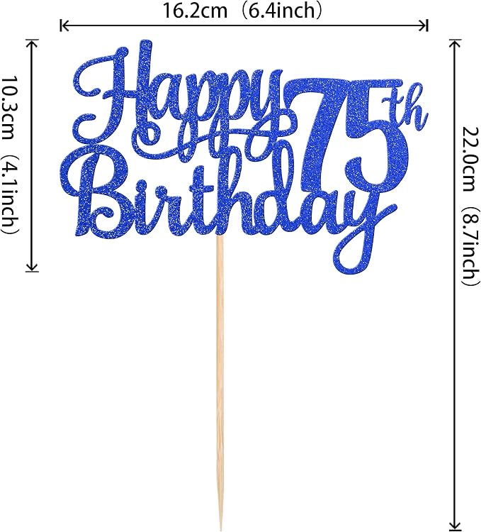 1 PCS Happy 75th Birthday Cake Topper Glitter Cheers to 75 Years Birthday Cake Pick Seventy Five 75 Fabulous Cake Decoration for Happy 75th Birthday Theme Party Decorations Supplies Blue