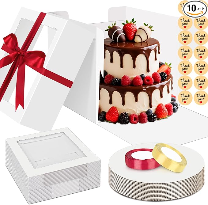 Sudaya 10x10x8 Cake Boxes with Boards, Cake Boxes 10 inch with Tall Cakes Boards Ribbon Stickers, 10in Disposable Carry Bakery Containers Cajas Para Pasteles for Pies Party Wedding Gift Giving