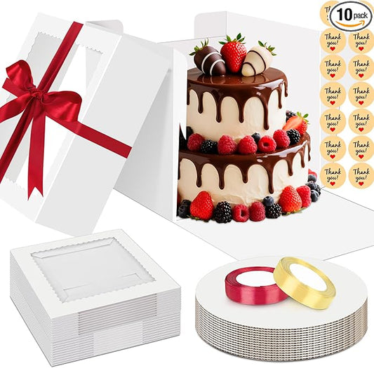 Sudaya 10x10x8 Cake Boxes with Boards, Cake Boxes 10 inch with Tall Cakes Boards Ribbon Stickers, 10in Disposable Carry Bakery Containers Cajas Para Pasteles for Pies Party Wedding Gift Giving