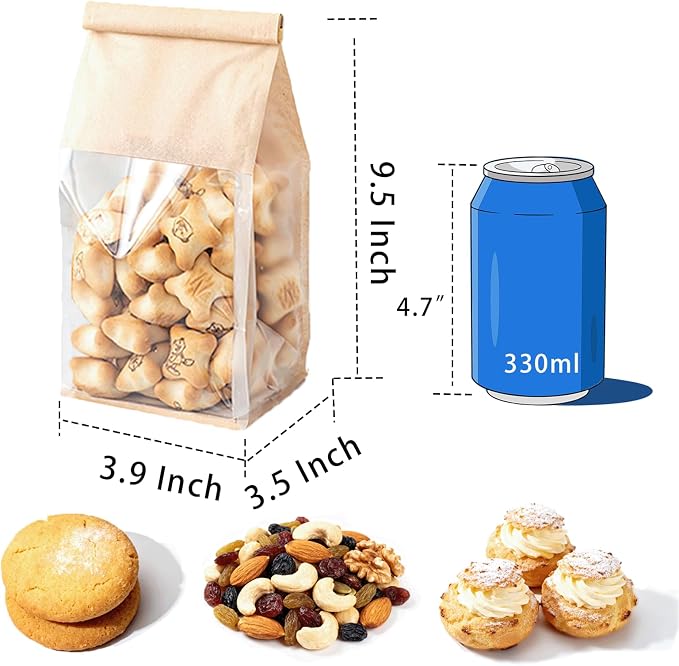 100 Pcs Bread Bags with Tin Tie, Loaf Bags Made Of Brown Cotton Paper, Storage Packing Bag with Clear Window for Bakery, Cafe, Homemade Bread, Mini Size 3.9 Inch