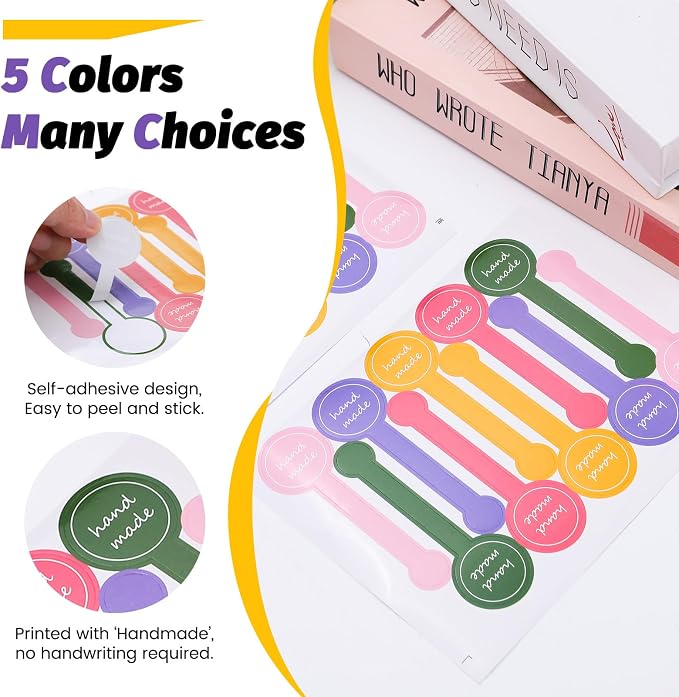 500pcs Handmade Food Baking Seal Stickers, Colorful Self Adhesive Bakery Stickers, 3.9in Long Strip Tamper-Proof Packaging Sealing Labels for Lollipop Cake Cookie Bread